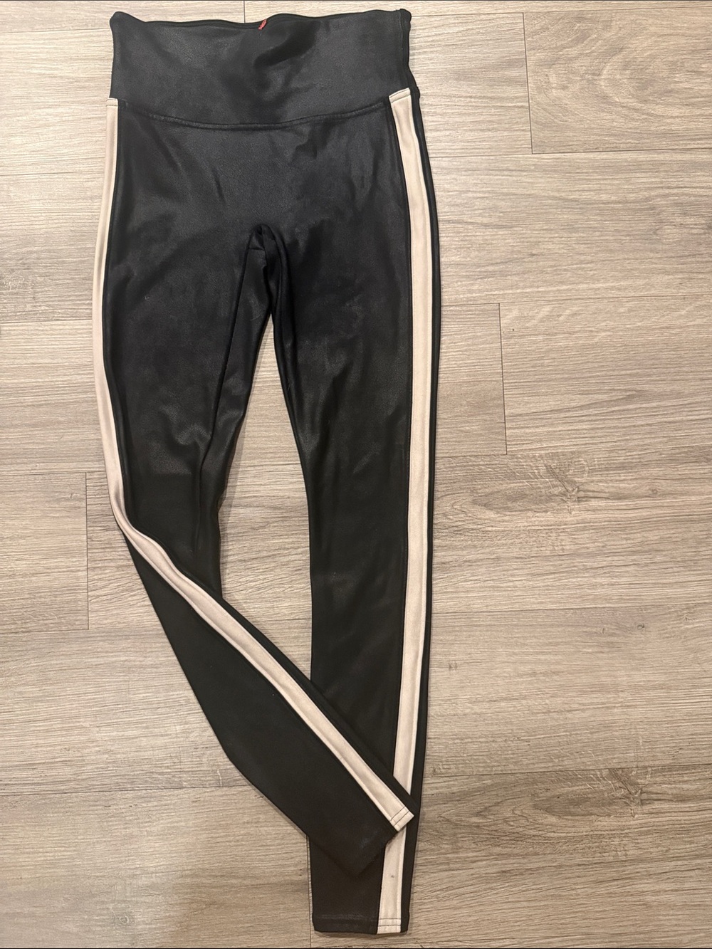 SPANX Faux Leather Black Leggings with Cream Side Panels